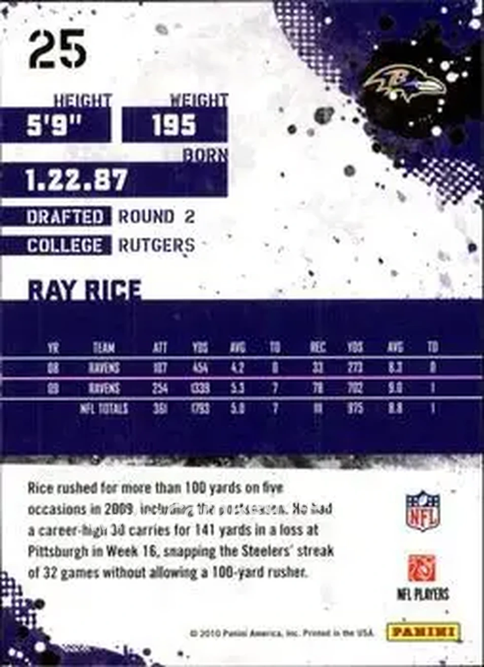 2010 Score #25 - Ray Rice - Baltimore Ravens - Back