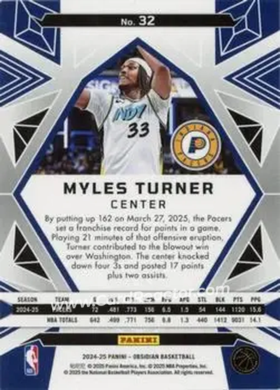 2024-25 Panini Obsidian #32 - Myles Turner - Indiana Pacers - Back