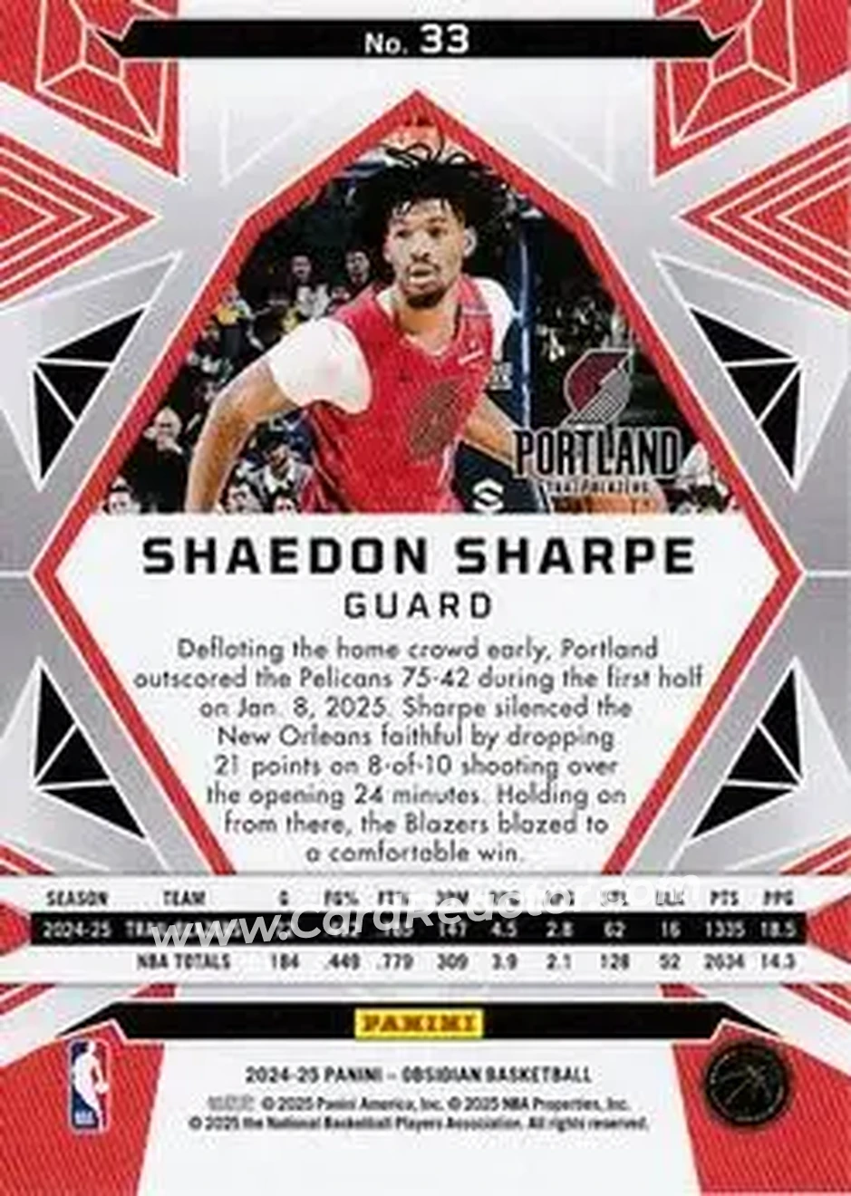 2024-25 Panini Obsidian #33 - Shaedon Sharpe - Portland Trail Blazers - Back