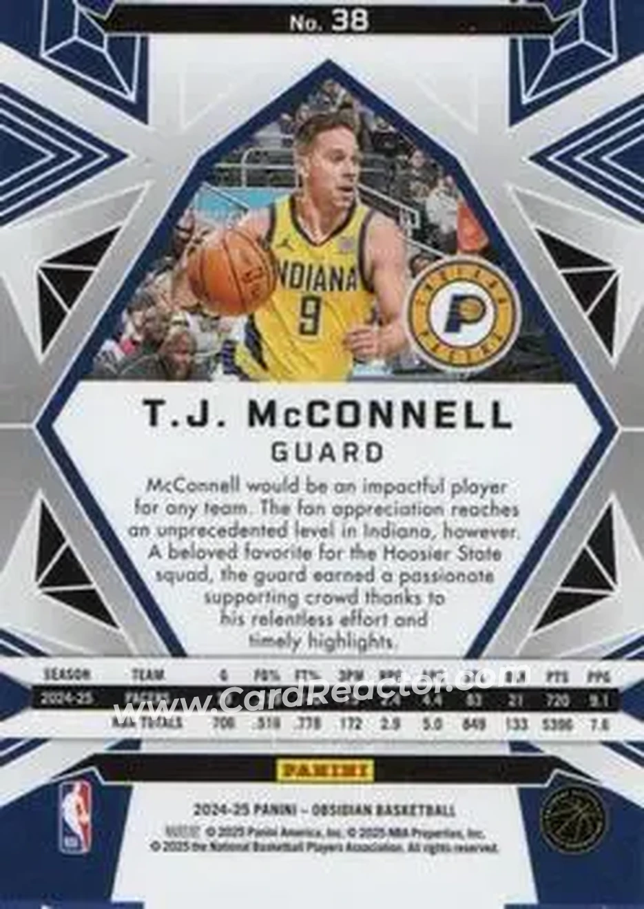 2024-25 Panini Obsidian #38 - T.J. McConnell - Indiana Pacers - Back 2024-25 Panini Obsidian #38 - T.J. McConnell - Indiana Pacers - Back
