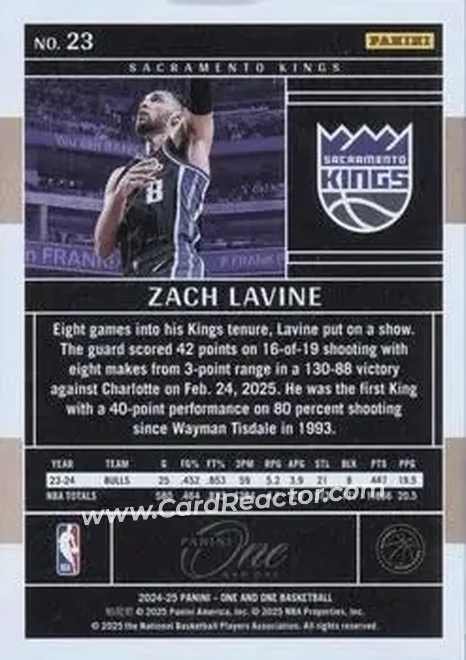 2024-25 Panini One and One #23 - Zach LaVine - Sacramento Kings - Back