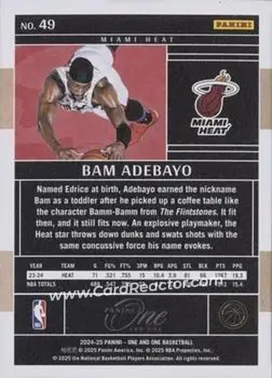2024-25 Panini One and One #49 - Bam Adebayo - Miami Heat - Back