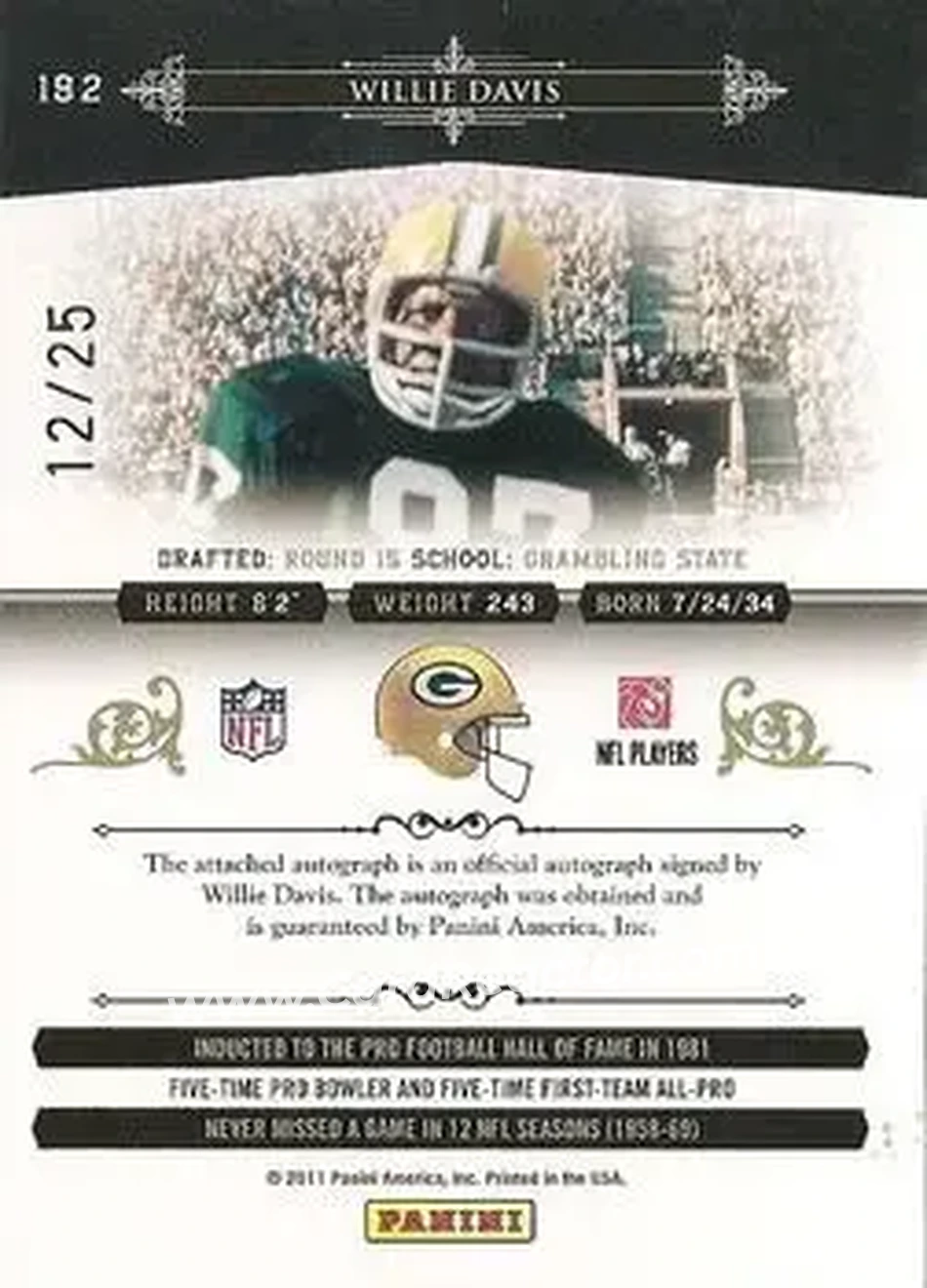 2010 Playoff National Treasures - Century Gold Signature #192 - Willie Davis - Green Bay Packers - Back