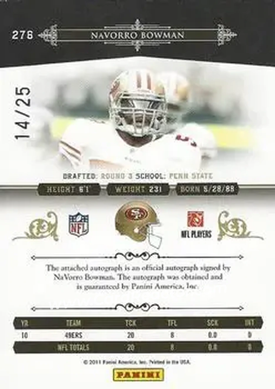 2010 Playoff National Treasures - Century Gold Signature #276 - Navorro Bowman - San Francisco 49ers - Back