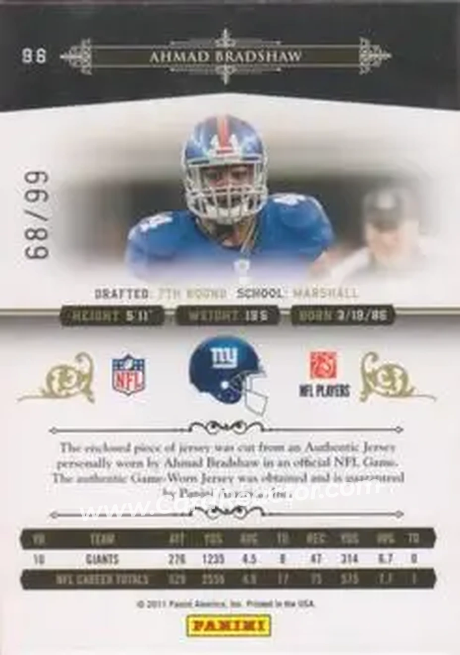 2010 Playoff National Treasures - Century Material #96 - Ahmad Bradshaw - New York Giants - Back 2010 Playoff National Treasures - Century Material #96 - Ahmad Bradshaw - New York Giants - Back