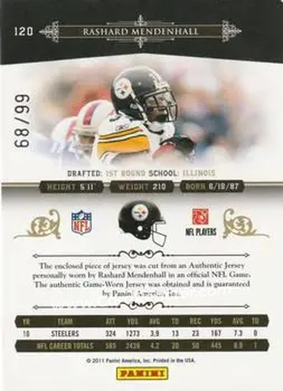 2010 Playoff National Treasures - Century Material #120 - Rashard Mendenhall - Pittsburgh Steelers - Back