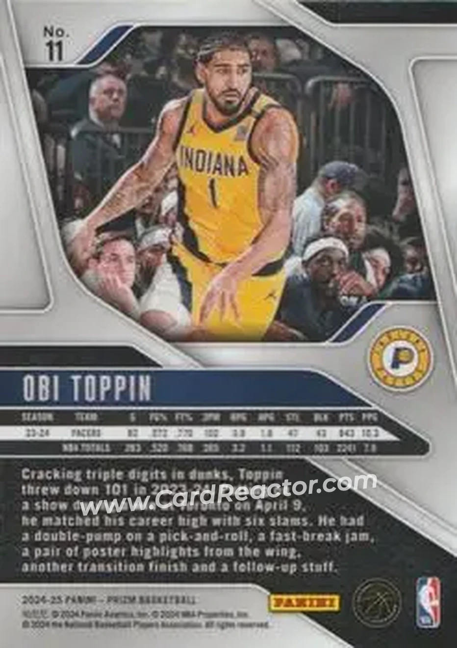 2024-25 Panini Prizm #11 - Obi Toppin - Indiana Pacers - Back