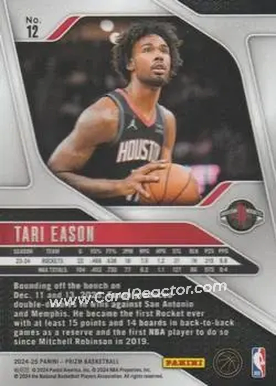 2024-25 Panini Prizm #12 - Tari Eason - Houston Rockets - Back 2024-25 Panini Prizm #12 - Tari Eason - Houston Rockets - Back