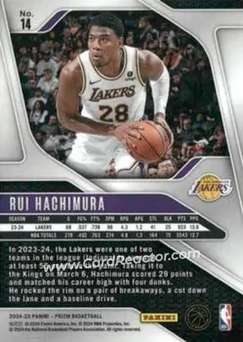 2024-25 Panini Prizm #14 - Rui Hachimura - Los Angeles Lakers - Back