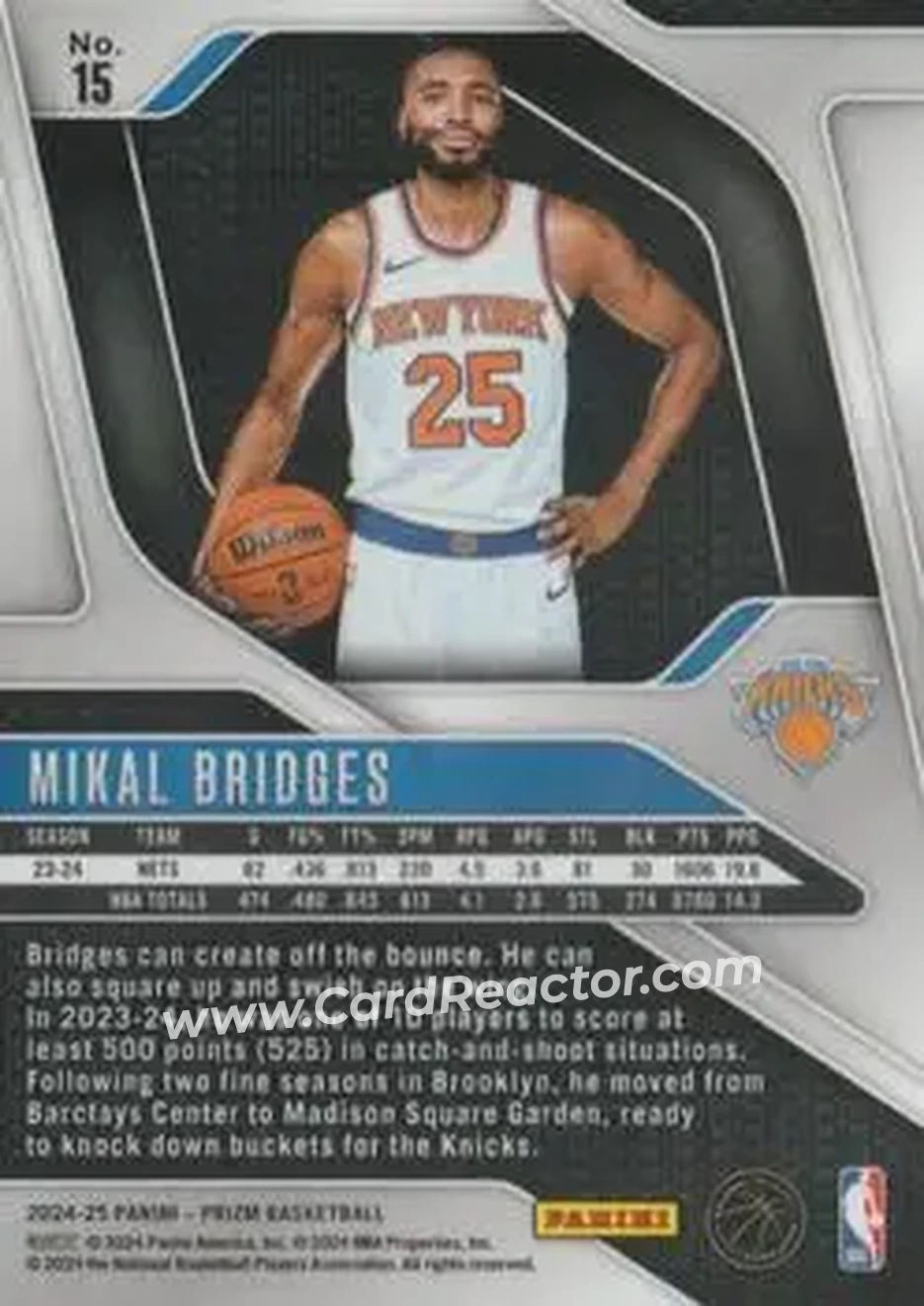2024-25 Panini Prizm #15 - Mikal Bridges - New York Knicks - Back 2024-25 Panini Prizm #15 - Mikal Bridges - New York Knicks - Back
