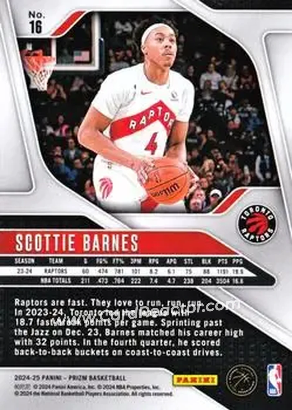 2024-25 Panini Prizm #16 - Scottie Barnes - Toronto Raptors - Back