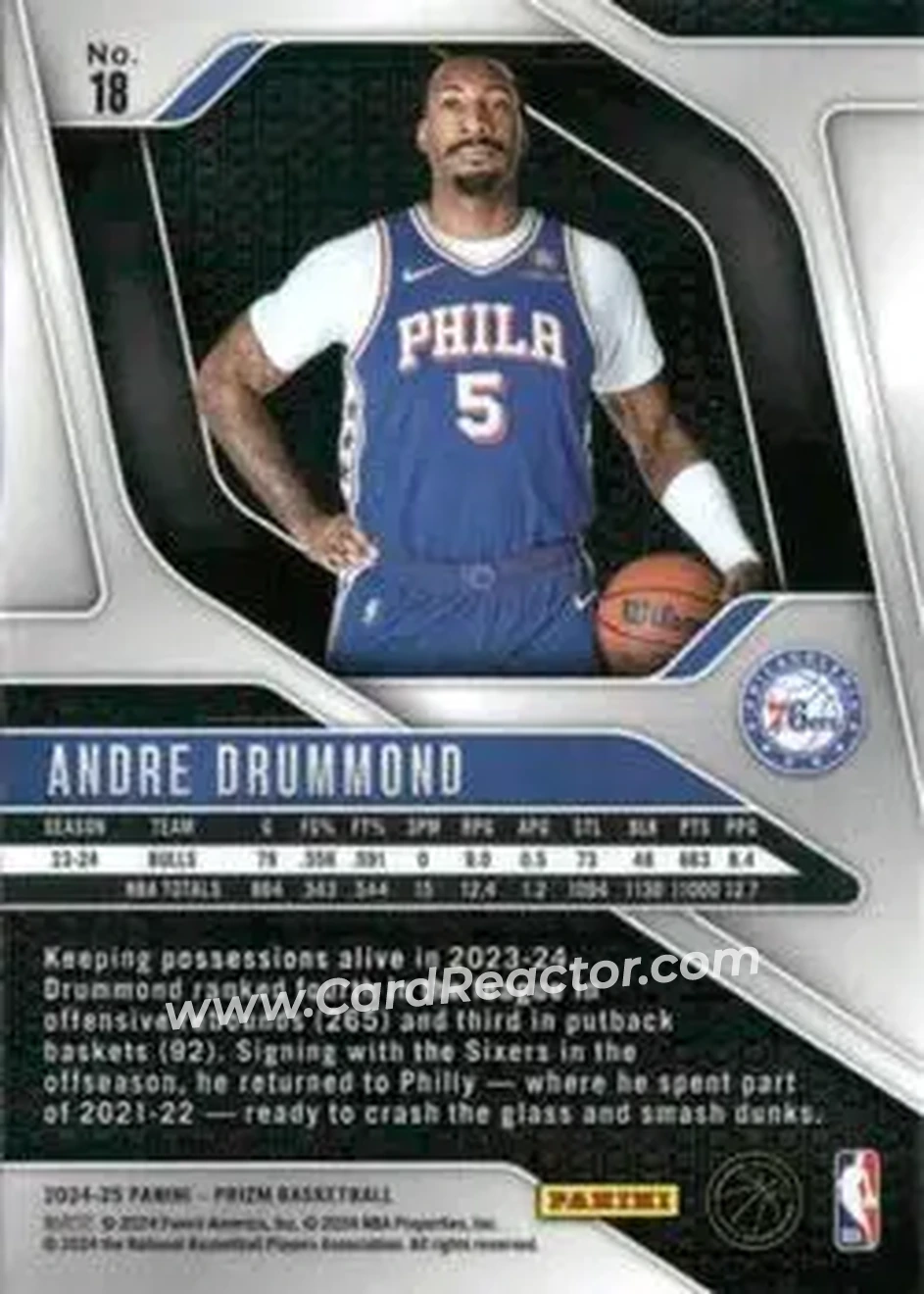 2024-25 Panini Prizm #18 - Andre Drummond - Philadelphia 76ers - Back