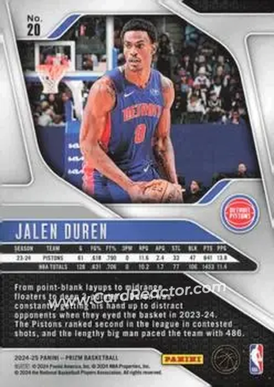 2024-25 Panini Prizm #20 - Jalen Duren - Detroit Pistons - Back 2024-25 Panini Prizm #20 - Jalen Duren - Detroit Pistons - Back