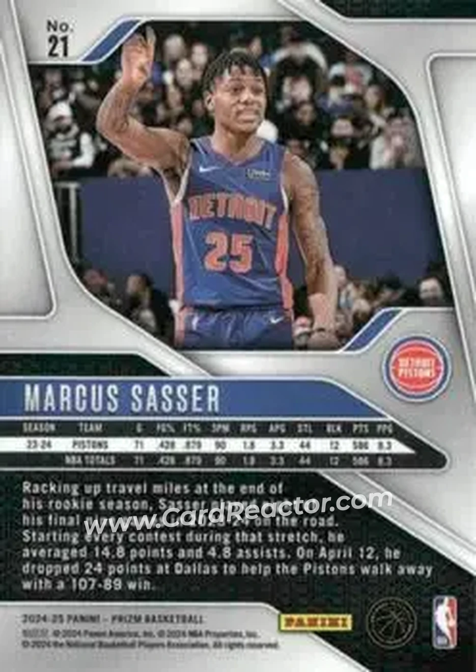 2024-25 Panini Prizm #21 - Marcus Sasser - Detroit Pistons - Back 2024-25 Panini Prizm #21 - Marcus Sasser - Detroit Pistons - Back