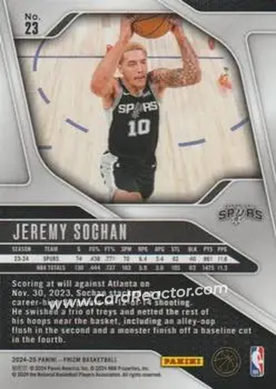 2024-25 Panini Prizm #23 - Jeremy Sochan - San Antonio Spurs - Back