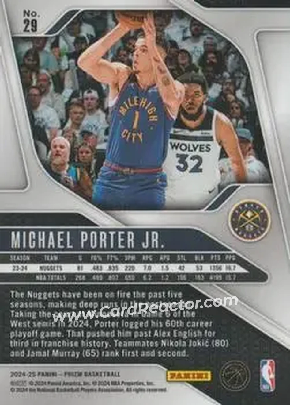 2024-25 Panini Prizm #29 - Michael Porter Jr. - Denver Nuggets - Back