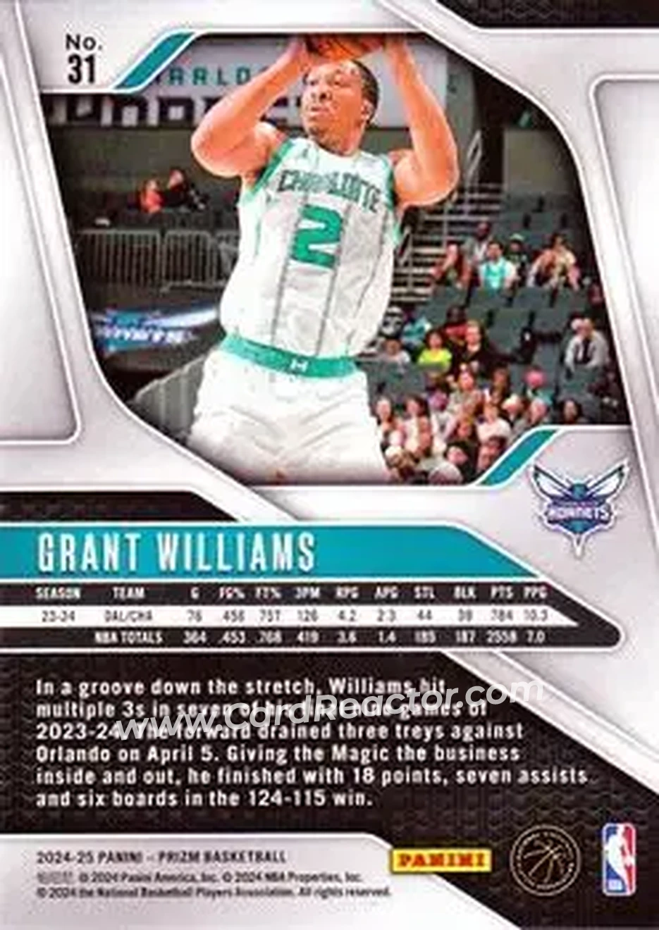 2024-25 Panini Prizm #31 - Grant Williams - Charlotte Hornets - Back
