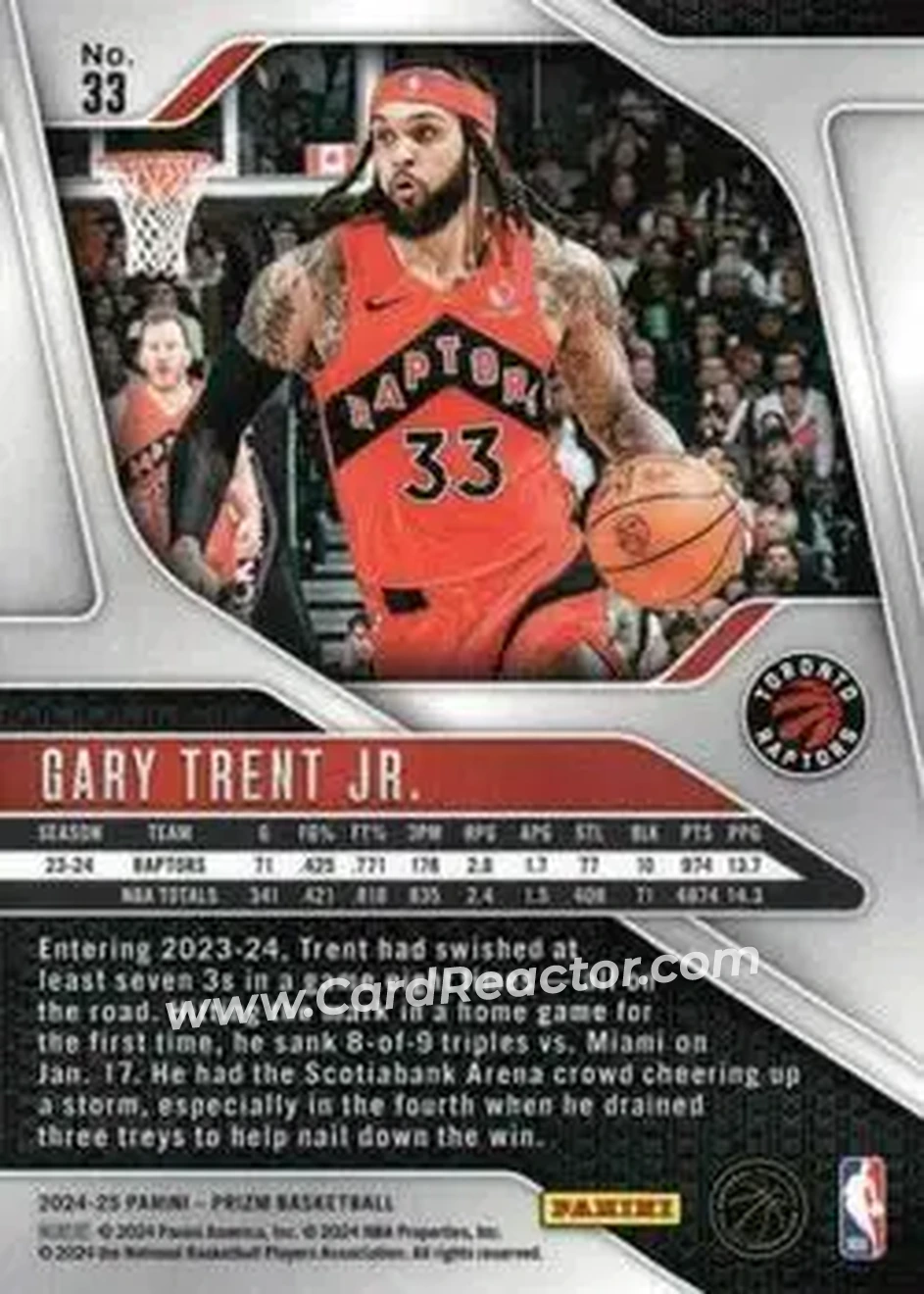 2024-25 Panini Prizm #33 - Gary Trent Jr. - Toronto Raptors - Back 2024-25 Panini Prizm #33 - Gary Trent Jr. - Toronto Raptors - Back