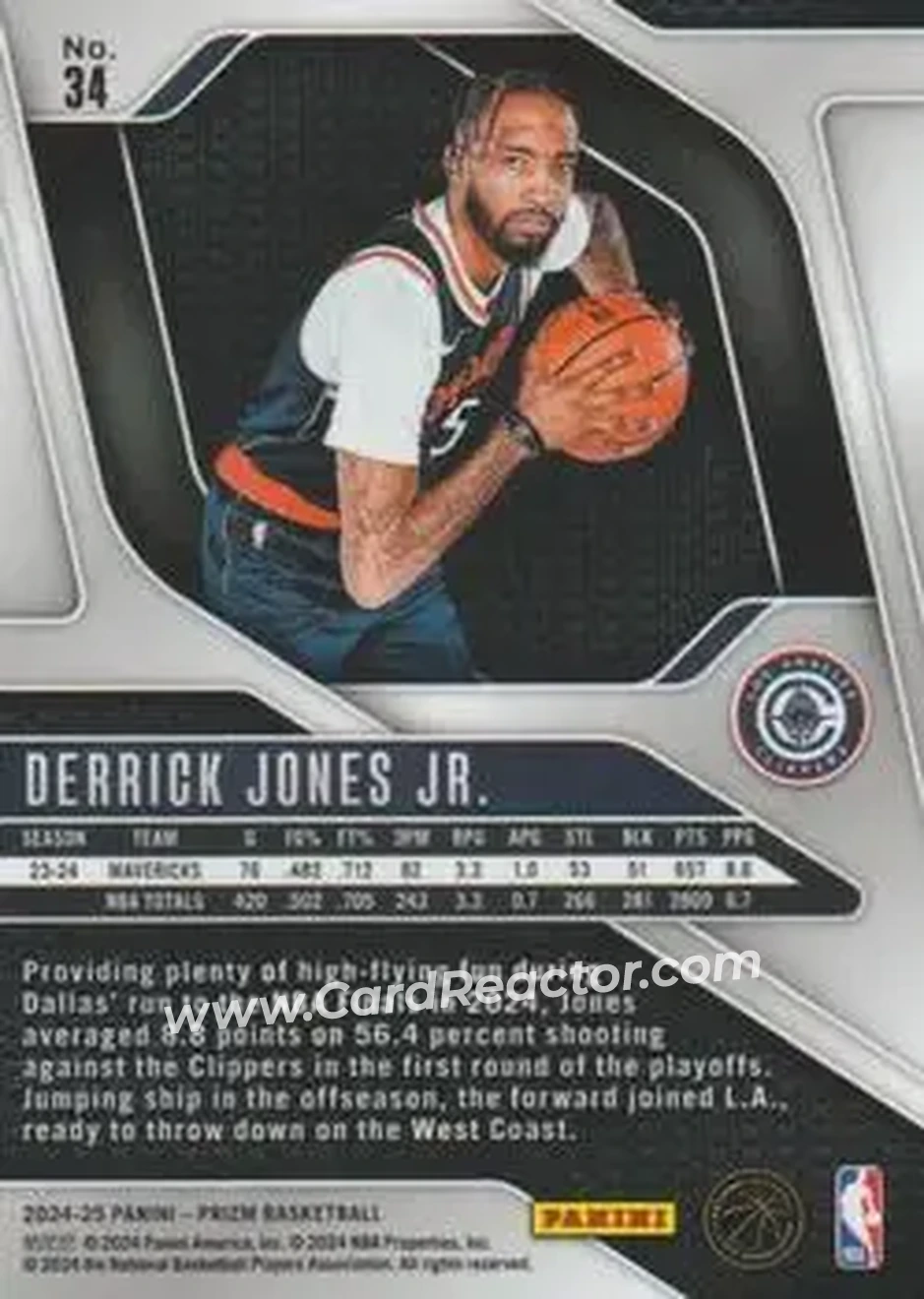 2024-25 Panini Prizm #34 - Derrick Jones Jr. - Los Angeles Clippers - Back