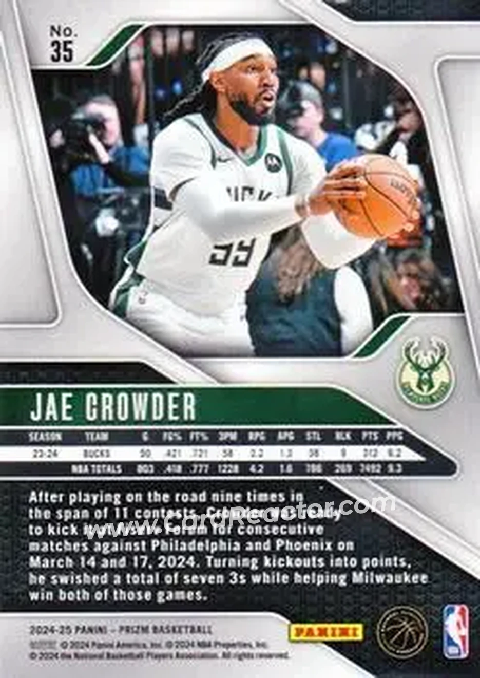 2024-25 Panini Prizm #35 - Jae Crowder - Milwaukee Bucks - Back 2024-25 Panini Prizm #35 - Jae Crowder - Milwaukee Bucks - Back