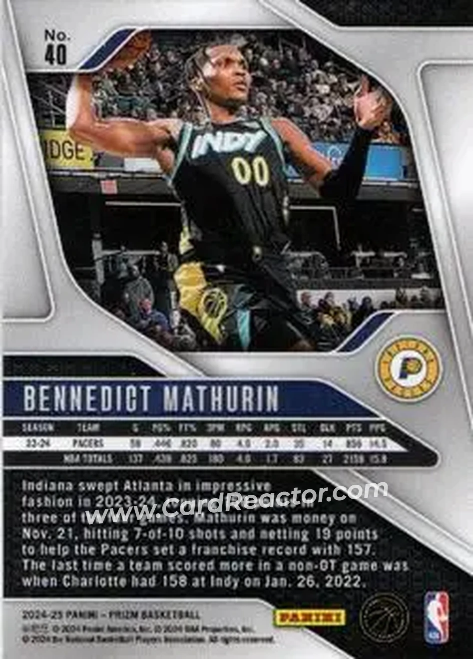 2024-25 Panini Prizm #40 - Bennedict Mathurin - Indiana Pacers - Back