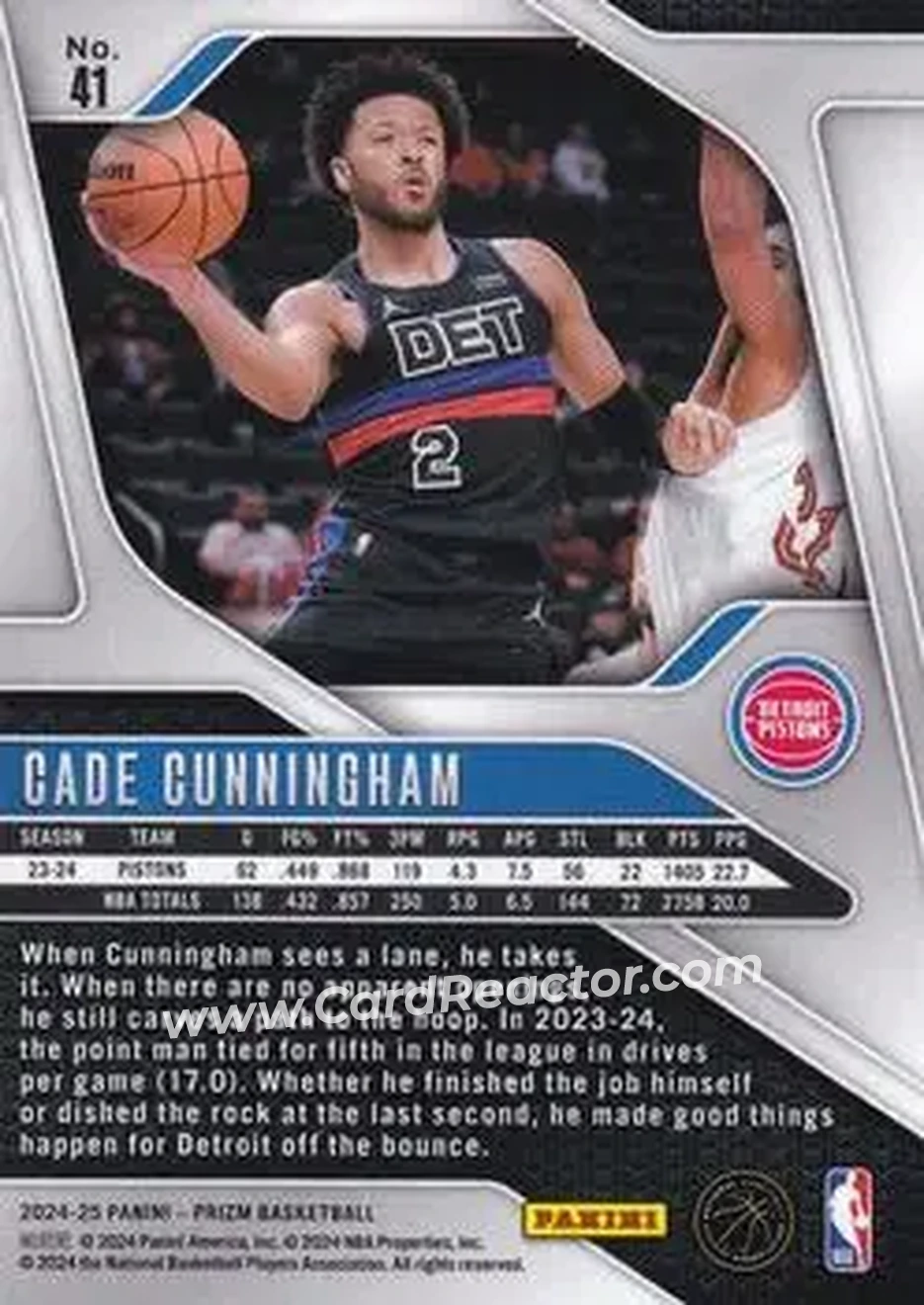 2024-25 Panini Prizm #41 - Cade Cunningham - Detroit Pistons - Back