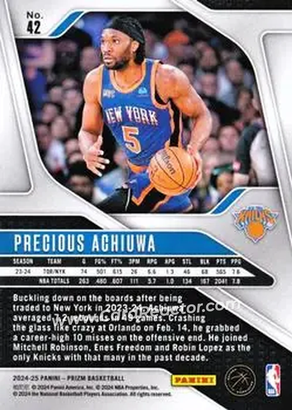 2024-25 Panini Prizm #42 - Precious Achiuwa - New York Knicks - Back 2024-25 Panini Prizm #42 - Precious Achiuwa - New York Knicks - Back