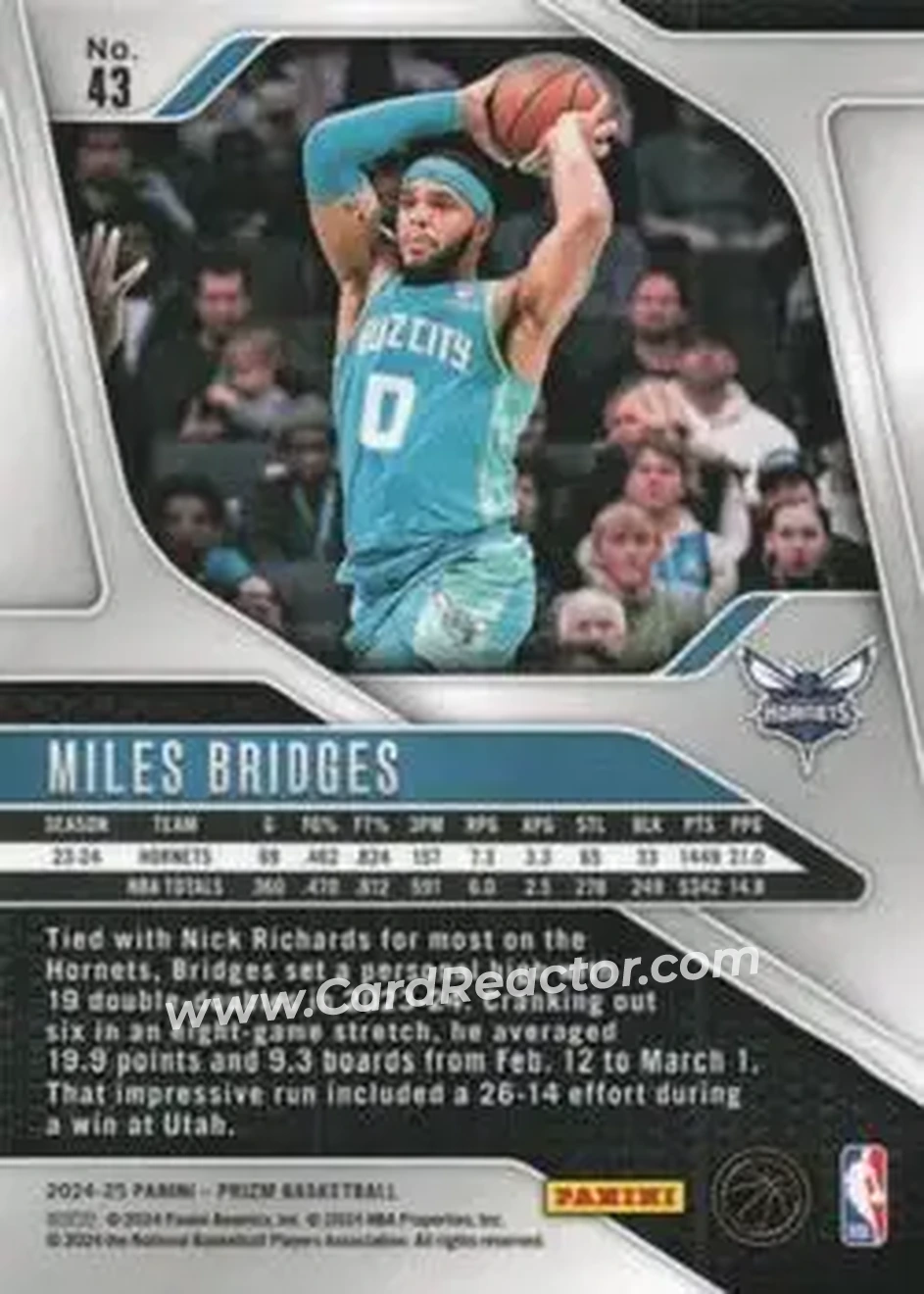 2024-25 Panini Prizm #43 - Miles Bridges - Charlotte Hornets - Back