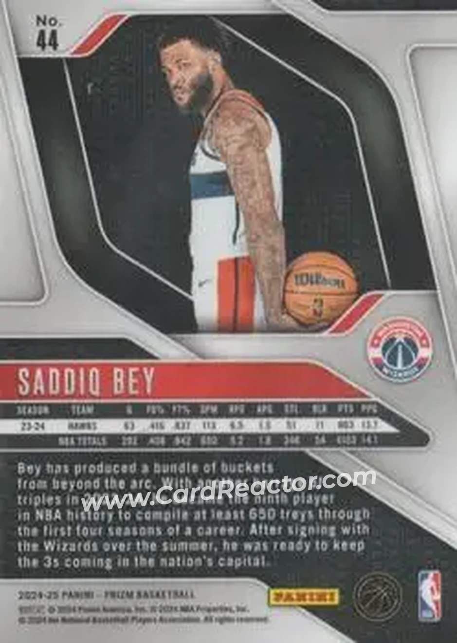 2024-25 Panini Prizm #44 - Saddiq Bey - Washington Wizards - Back