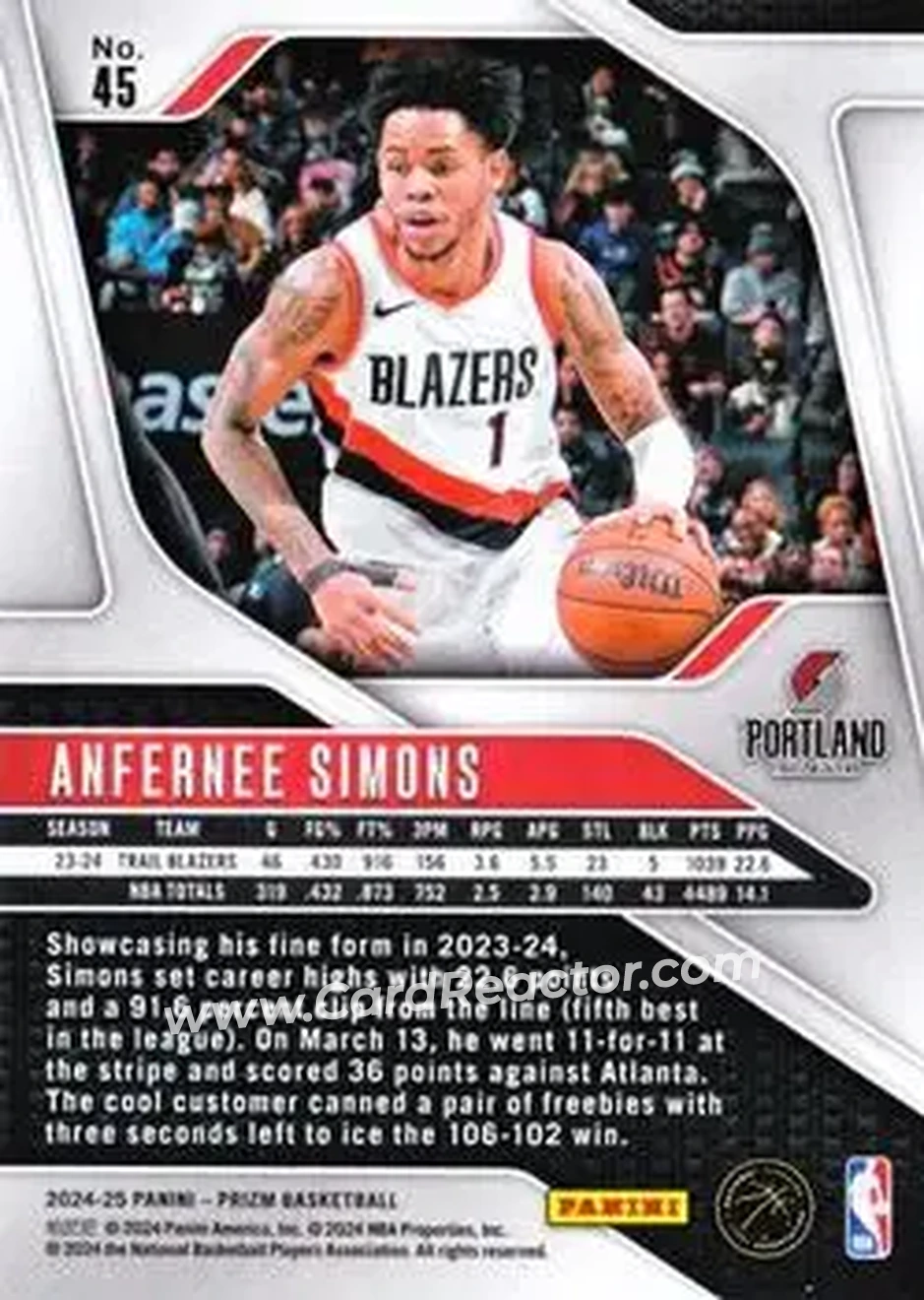 2024-25 Panini Prizm #45 - Anfernee Simons - Portland Trail Blazers - Back
