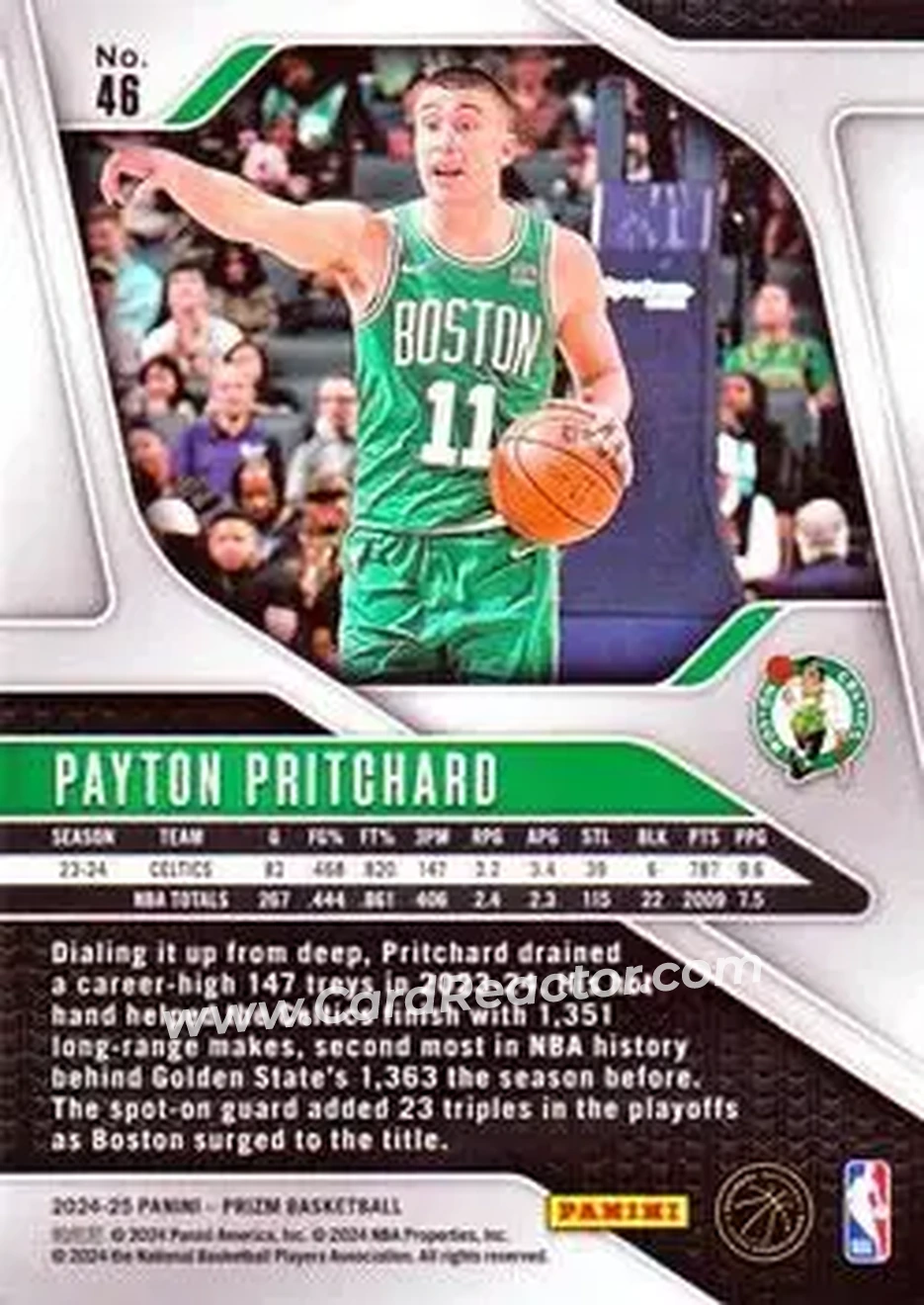 2024-25 Panini Prizm #46 - Payton Pritchard - Boston Celtics - Back 2024-25 Panini Prizm #46 - Payton Pritchard - Boston Celtics - Back
