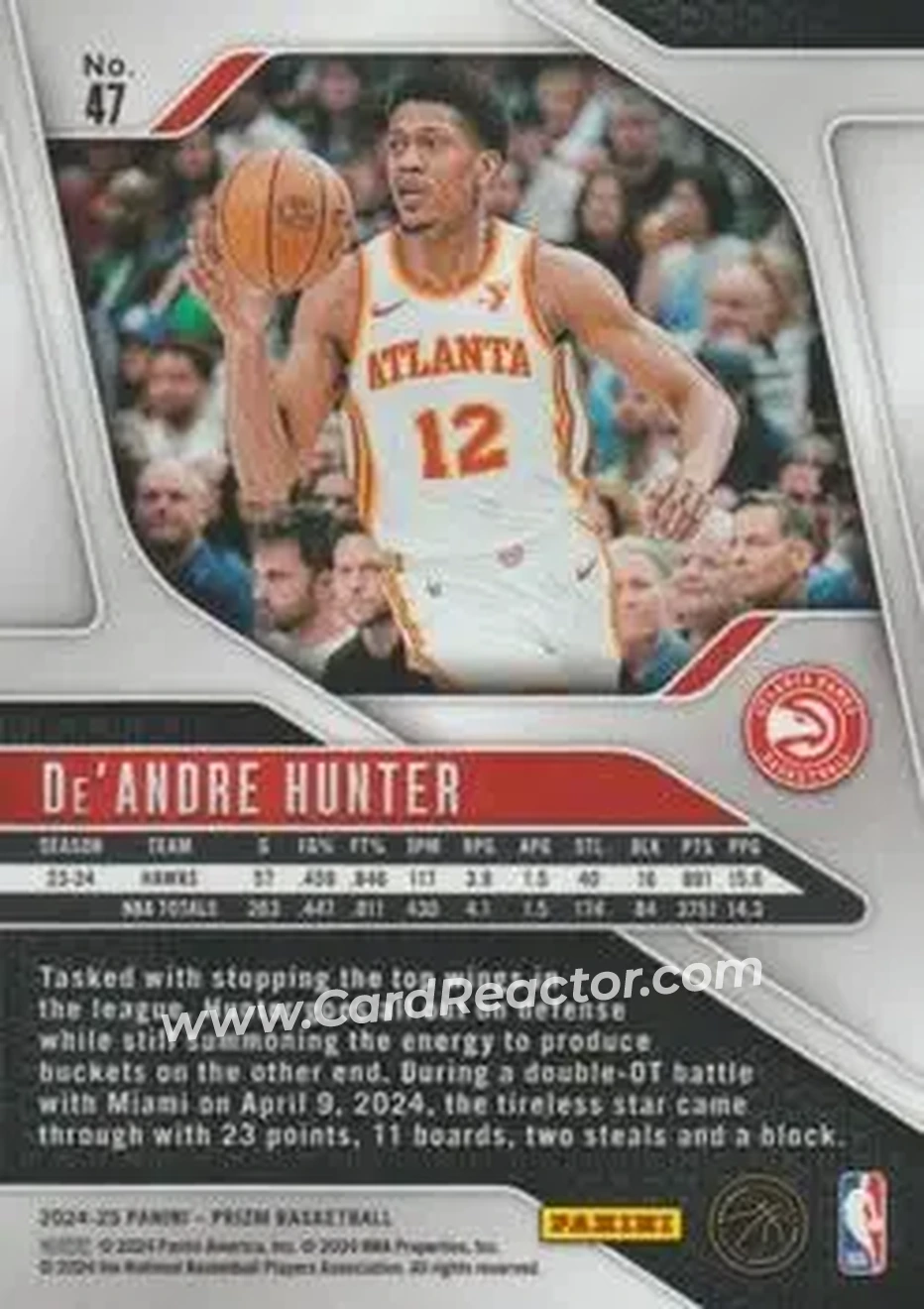 2024-25 Panini Prizm #47 - De'Andre Hunter - Atlanta Hawks - Back