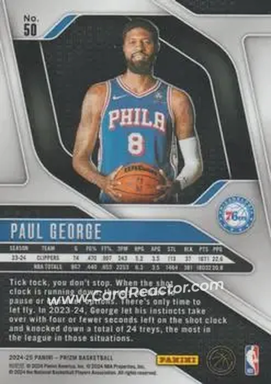 2024-25 Panini Prizm #50 - Paul George - Philadelphia 76ers - Back 2024-25 Panini Prizm #50 - Paul George - Philadelphia 76ers - Back