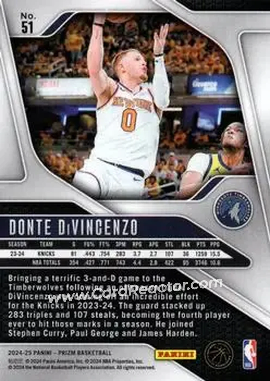 2024-25 Panini Prizm #51 - Donte DiVincenzo - Minnesota Timberwolves - Back 2024-25 Panini Prizm #51 - Donte DiVincenzo - Minnesota Timberwolves - Back