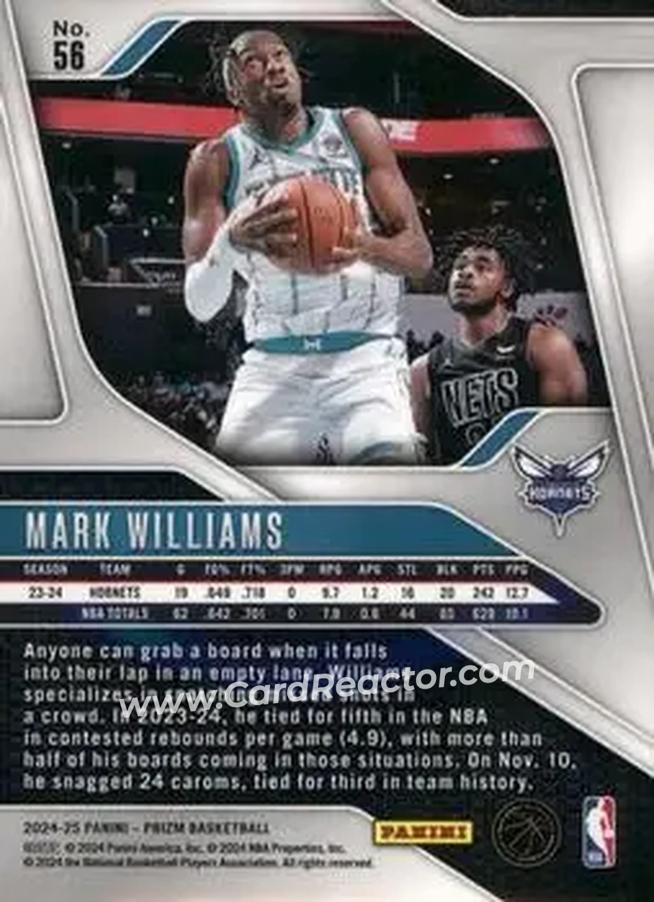 2024-25 Panini Prizm #56 - Mark Williams - Charlotte Hornets - Back 2024-25 Panini Prizm #56 - Mark Williams - Charlotte Hornets - Back