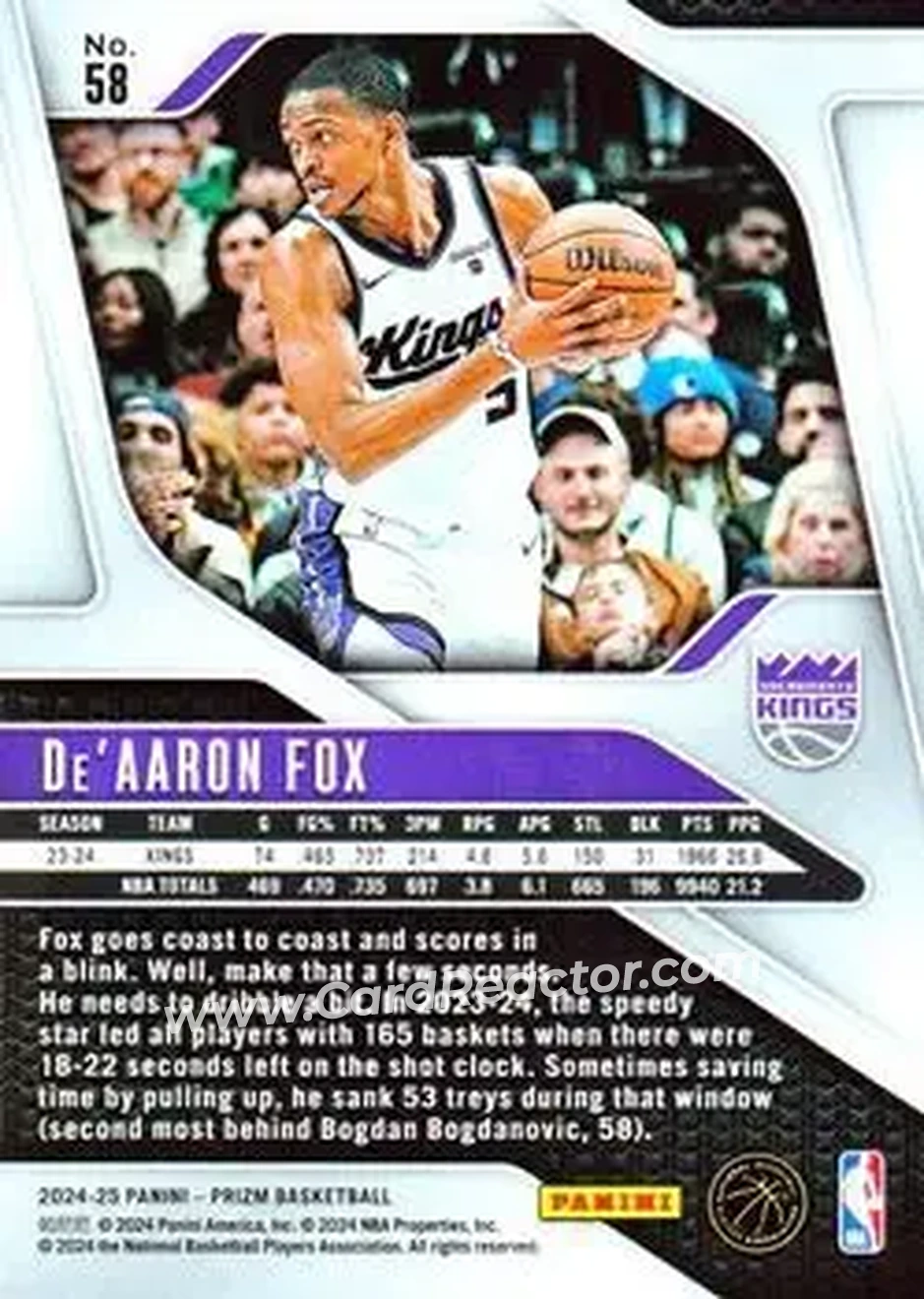 2024-25 Panini Prizm #58 - De'Aaron Fox - Sacramento Kings - Back