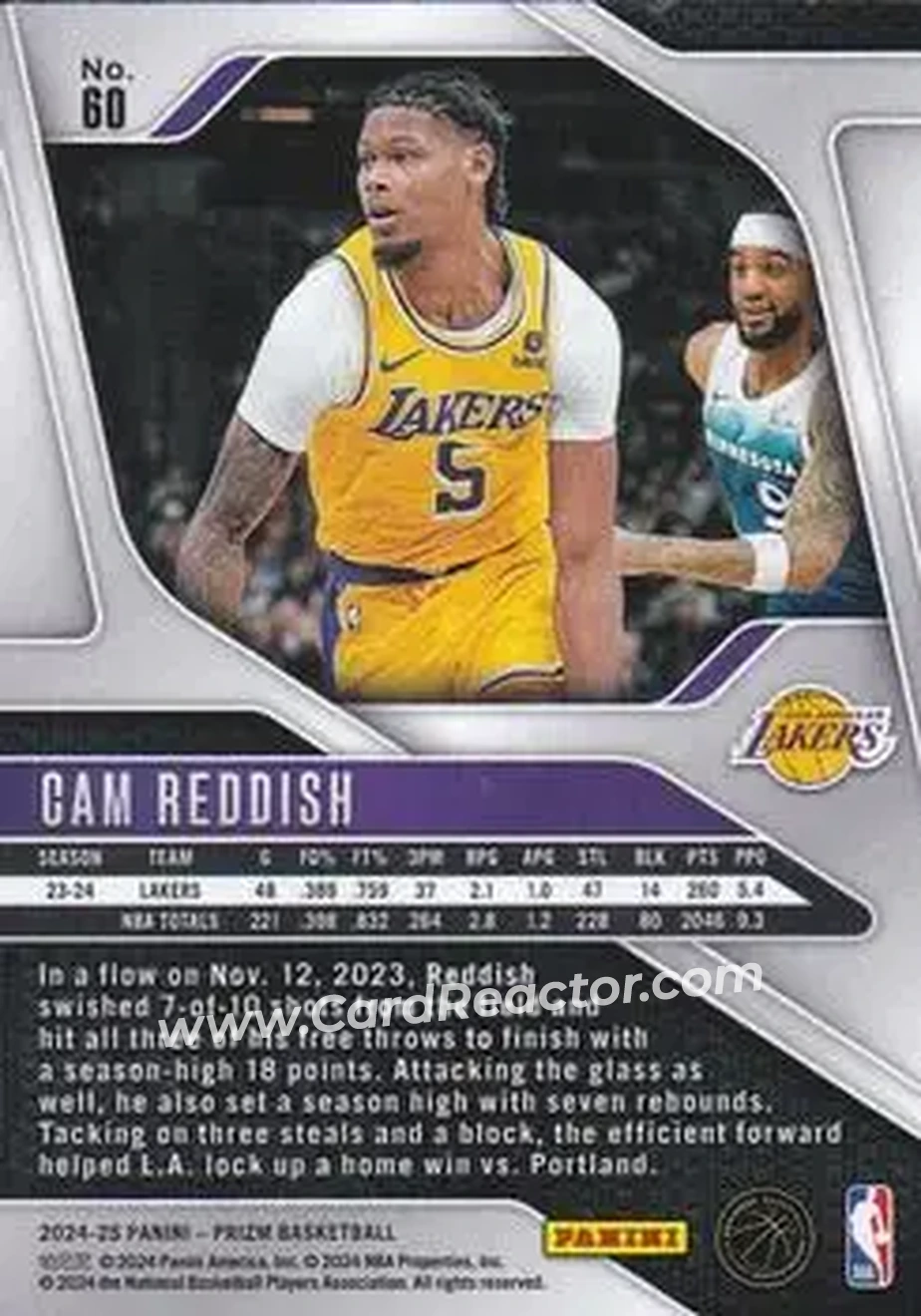 2024-25 Panini Prizm #60 - Cam Reddish - Los Angeles Lakers - Back