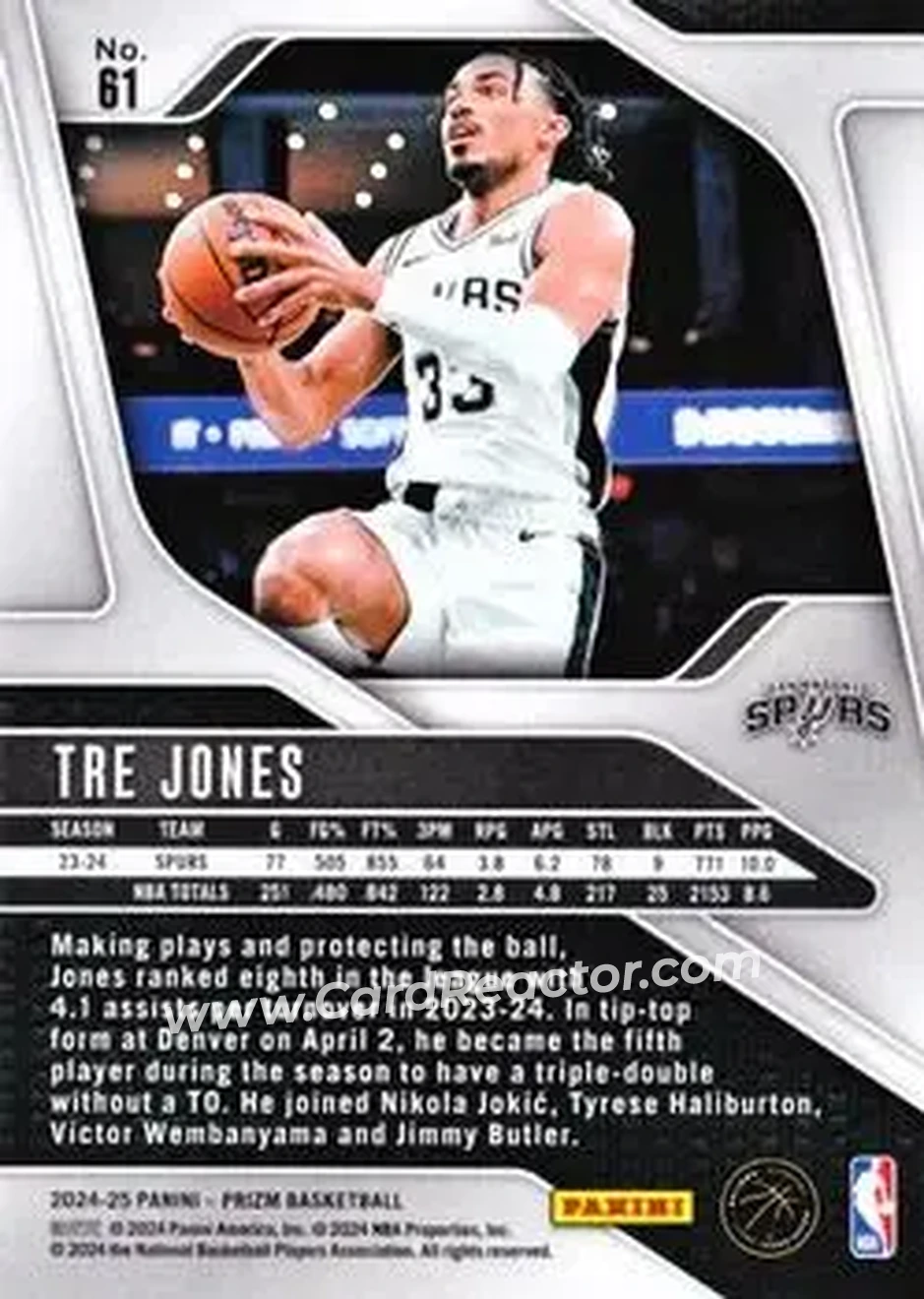 2024-25 Panini Prizm #61 - Tre Jones - San Antonio Spurs - Back 2024-25 Panini Prizm #61 - Tre Jones - San Antonio Spurs - Back
