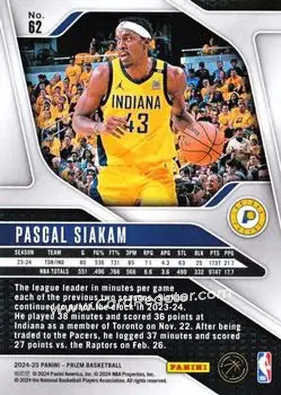 2024-25 Panini Prizm #62 - Pascal Siakam - Indiana Pacers - Back 2024-25 Panini Prizm #62 - Pascal Siakam - Indiana Pacers - Back