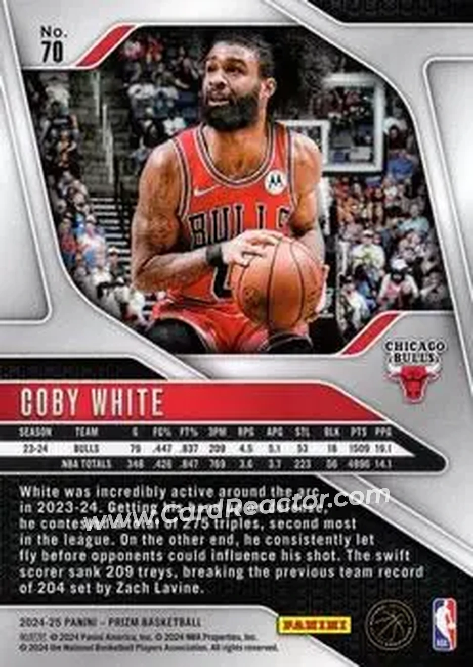 2024-25 Panini Prizm #70 - Coby White - Chicago Bulls - Back