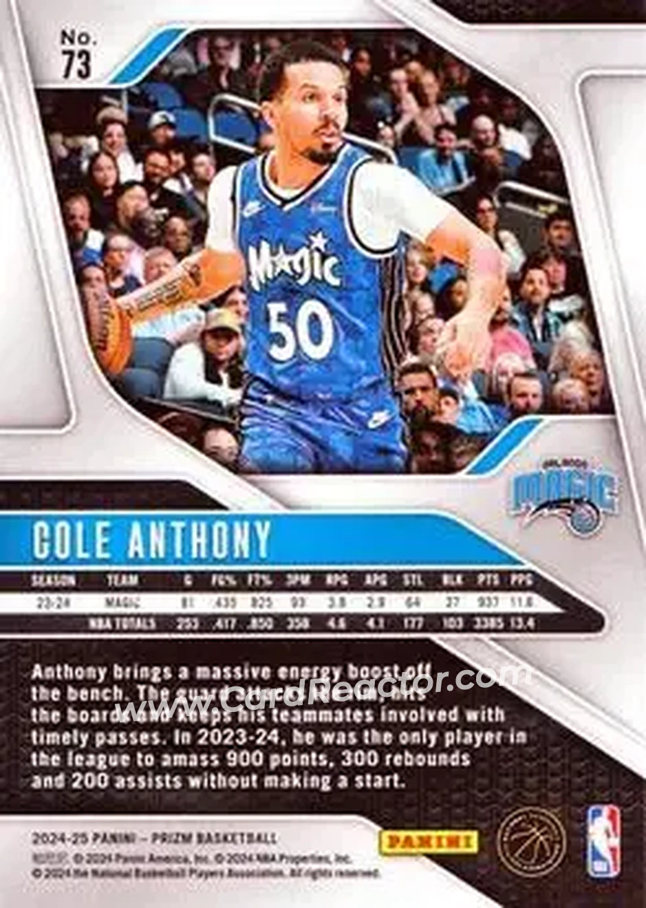 2024-25 Panini Prizm #73 - Cole Anthony - Orlando Magic - Back