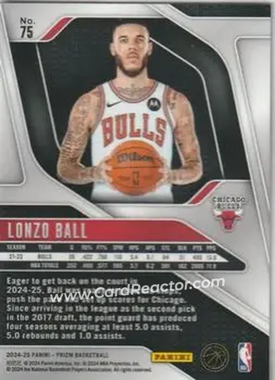 2024-25 Panini Prizm #75 - Lonzo Ball - Chicago Bulls - Back 2024-25 Panini Prizm #75 - Lonzo Ball - Chicago Bulls - Back