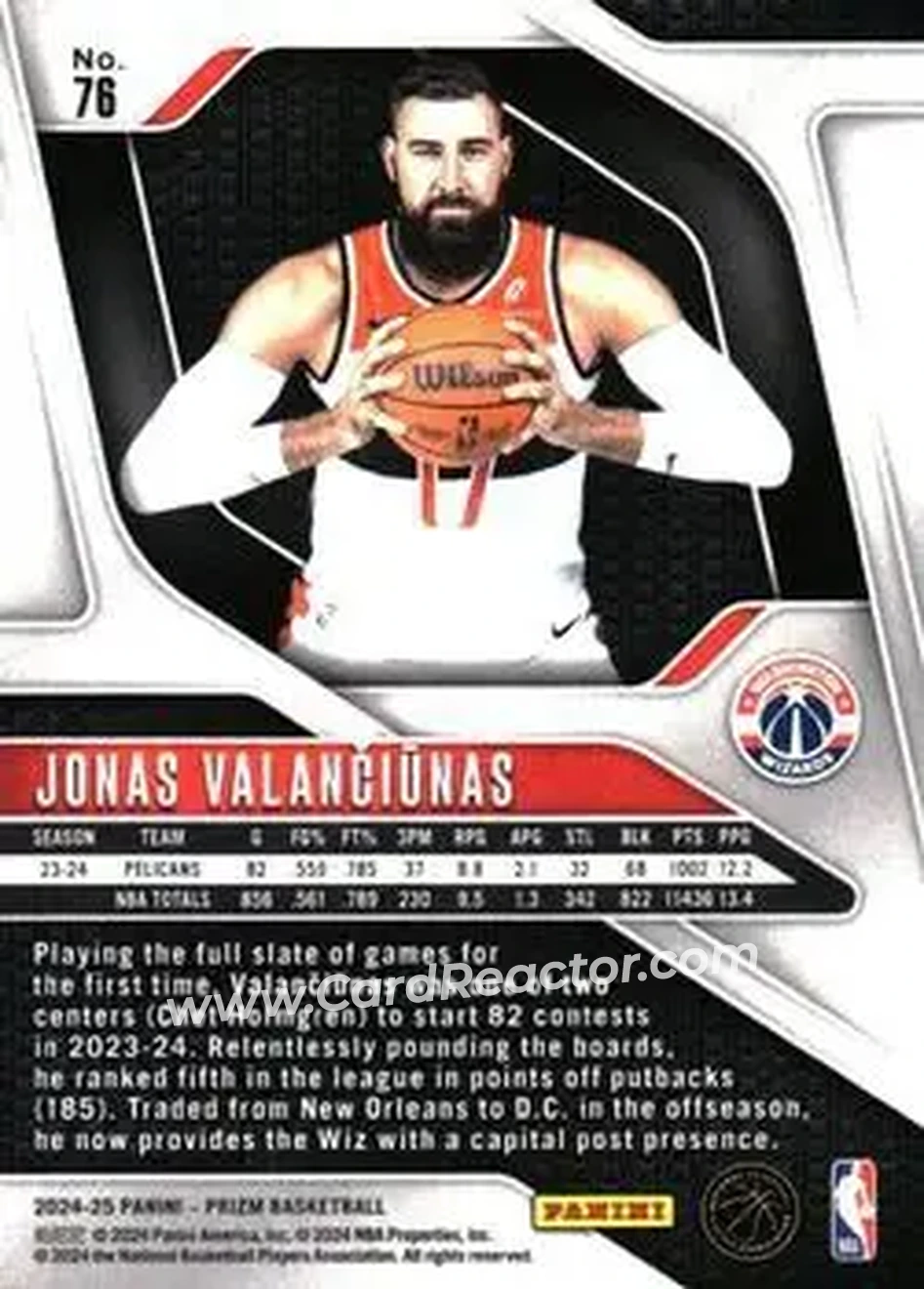 2024-25 Panini Prizm #76 - Jonas Valančiūnas - Washington Wizards - Back