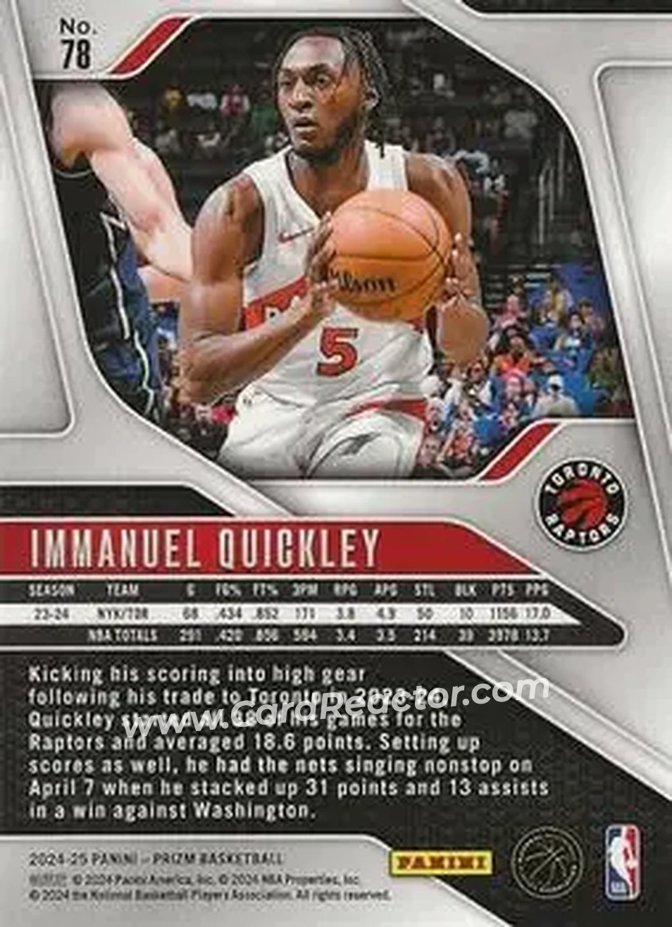 2024-25 Panini Prizm #78 - Immanuel Quickley - Toronto Raptors - Back