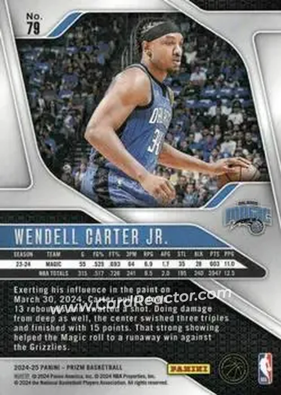 2024-25 Panini Prizm #79 - Wendell Carter Jr. - Orlando Magic - Back