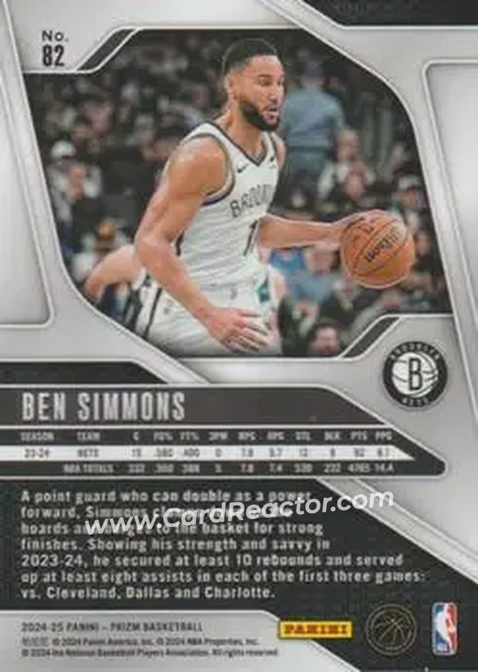 2024-25 Panini Prizm #82 - Ben Simmons - Brooklyn Nets - Back