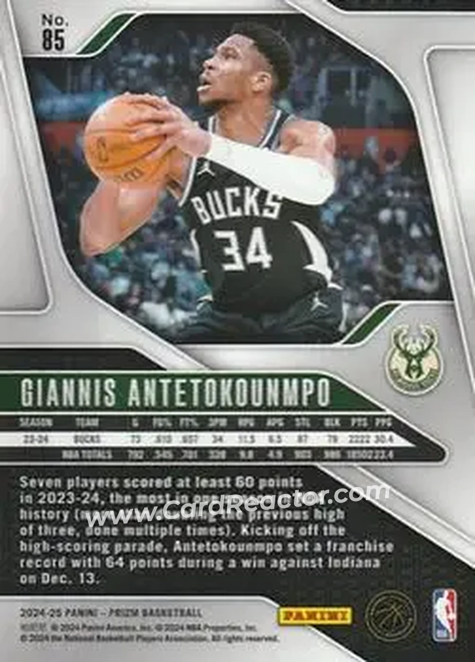 2024-25 Panini Prizm #85 - Giannis Antetokounmpo - Milwaukee Bucks - Back 2024-25 Panini Prizm #85 - Giannis Antetokounmpo - Milwaukee Bucks - Back