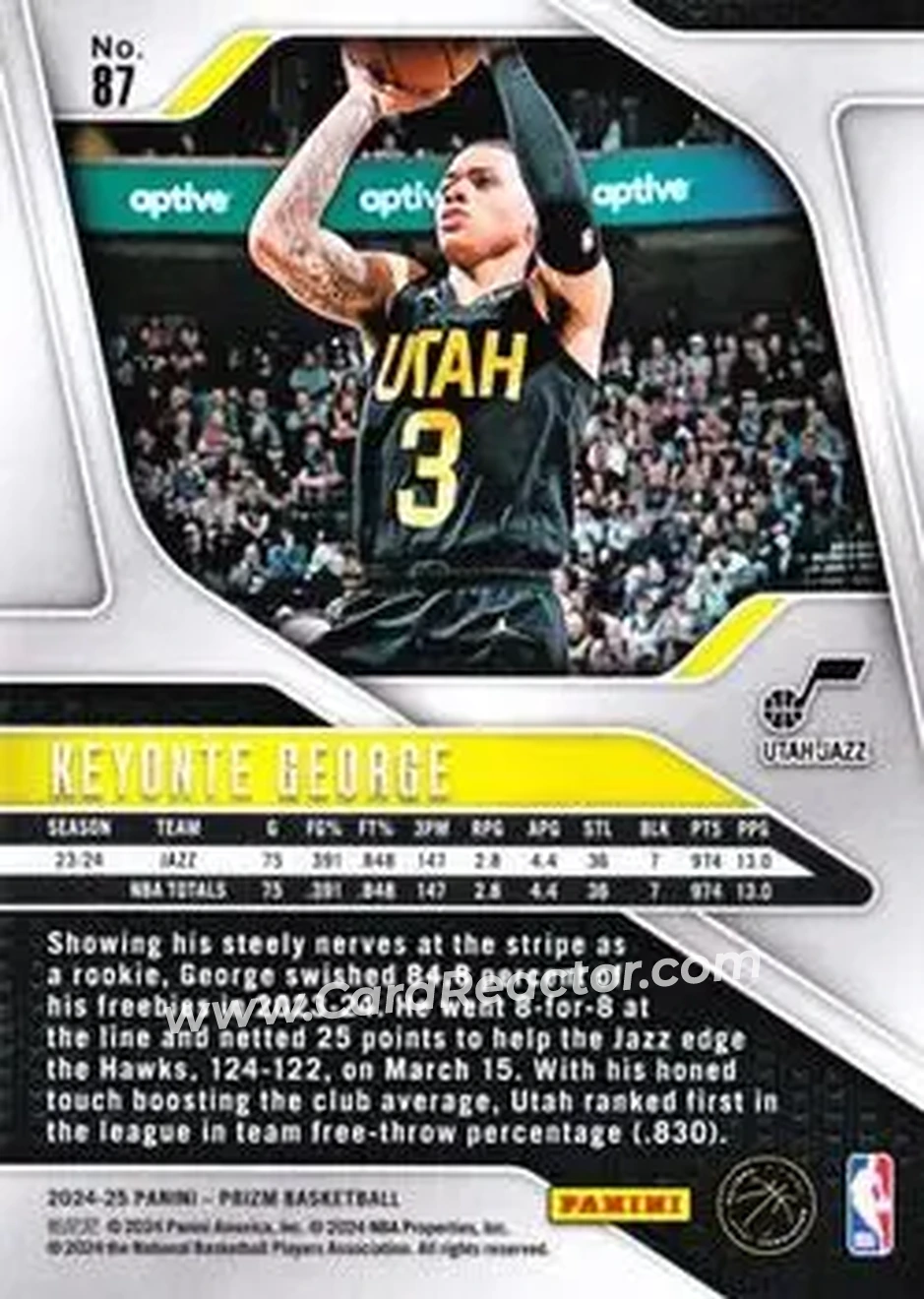2024-25 Panini Prizm #87 - Keyonte George - Utah Jazz - Back 2024-25 Panini Prizm #87 - Keyonte George - Utah Jazz - Back