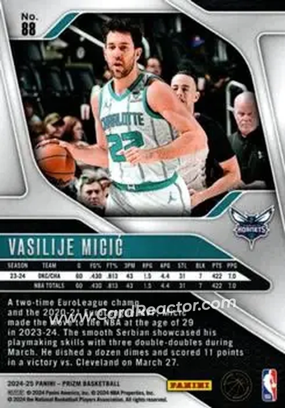 2024-25 Panini Prizm #88 - Vasilije Micić - Charlotte Hornets - Back 2024-25 Panini Prizm #88 - Vasilije Micić - Charlotte Hornets - Back