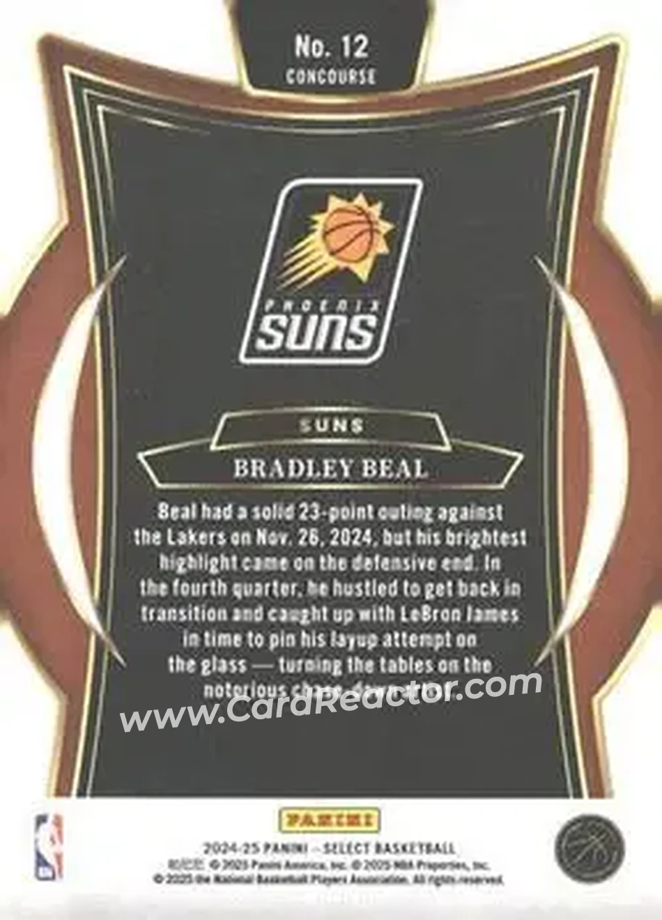 2024-25 Panini Select #12 - Bradley Beal - Phoenix Suns - Back